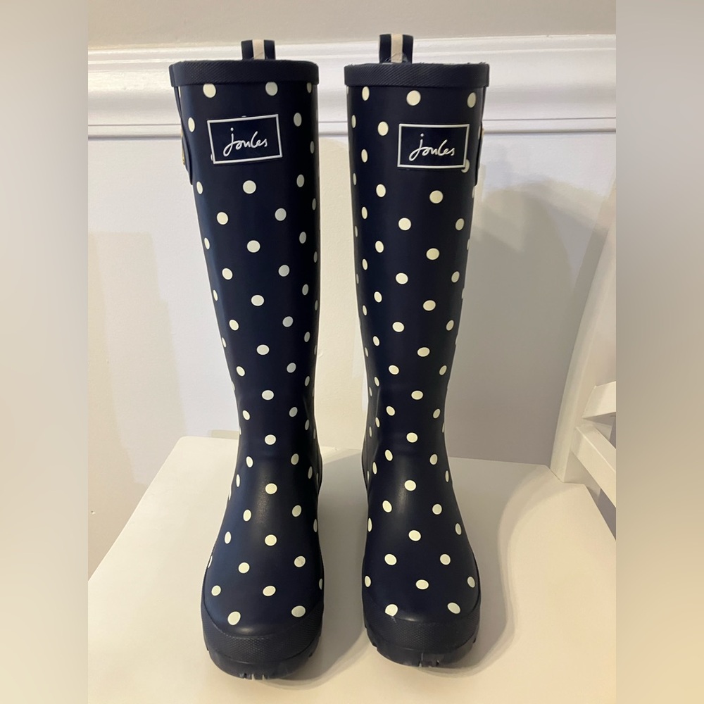 Joules Polkadot Wellington Women's Boots Size 6 US/4UK Navy 14" Tall Well loved!